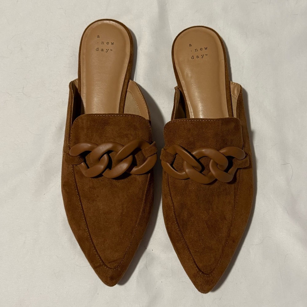 Faux Brown Suede Women’s Backless Loafers - Picture 2 of 3